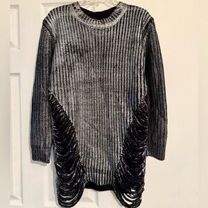 AKIRA Long Sweater/Tunic Distressed Black & Silver Metallic Knit Women M/L